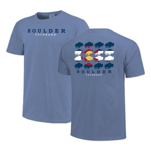 Blue short-sleeve t-shirt featuring 'Boulder Colorado' on the front and a buffalo pattern in the shape of the Colorado flag on the back.